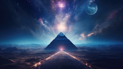 A 3D render portraying a vast space landscape, where the highlight is a pyramid-shaped planet,...