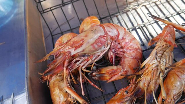 grilled black tiger shrimp ready to serve in thailand fish market