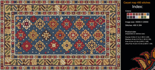 Colorful carpet pattern for knitting cross stitch, carpet, rug, fabric, knitting, etc., with mosaic squares and grid guidelines. 490 stitches. Read the index to learn the details.