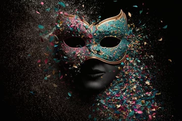 Poster carnival mask for the holidays in brazil and latin america, black background defocused lights © rodrigo