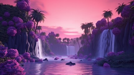 A 3D render capturing a vibrant tropical forest landscape, where a mesmerizing pink waterfall cascades gently, standing out against the lush greenery