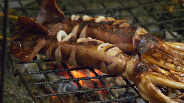 thailand night market street food booth grilled squid juicy on hot charcoal