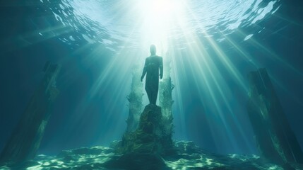 A 3D render diving deep into an underwater landscape, where a monumental giant statue looms,...