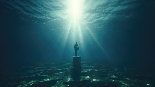 A 3D render diving deep into an underwater landscape, where a monumental giant statue looms, guarded by swaying aquatic plants and schools of fish
