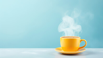 Yellow hot cup of coffee with smoke on pastel blue background, copy space