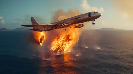 Fototapeten A plane caught fire mid air is diving into the sea © red_orange_stock