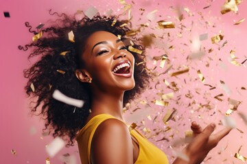 Fun party girl, smiling woman throwing confetti on a pastel pink background. Composition for birthday or woman's day. Party time concept.