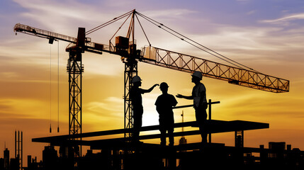 Construction workers on roof structure of building on construction site