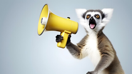 Fototapeta premium Lemur animal announcing using hand speaker. Notifying, warning, announcement