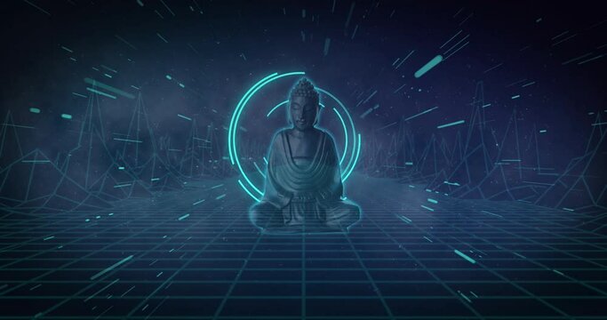 Animation of buddha with scope scanning and shapes on black background
