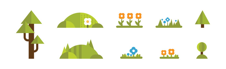 Green Flat Tree, Hill and Flower Icons Vector Set