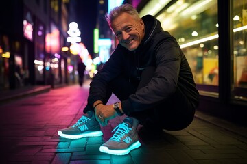 Senior man tying shoelaces in the city at night time. - Powered by Adobe