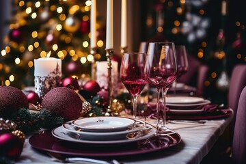 Fototapeta na wymiar Christmas table decoration in burgundy and purple colors