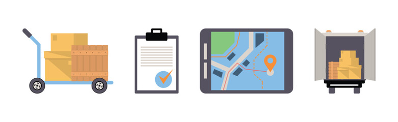 Warehouse with Crate, Truck, Navigation App and Document Vector Set