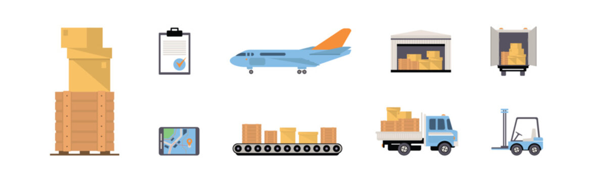 Warehouse with Crate, Truck, Plane and Forklift Vector Set