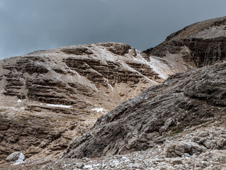 Sella mountain group from hiking trail bellow Piz Boe mountain peak summit in the Dolomites