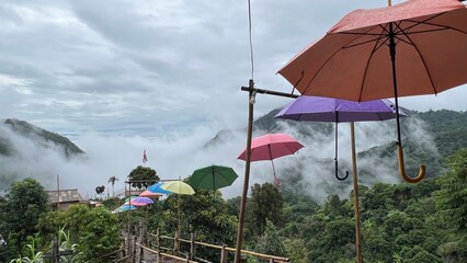 Scenic view of  misty mountain in winter season at  Doi Pha Hee, Chiang Rai, Thailand.