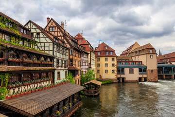 Traditional half-timbered houses on the canals district Petite France in Strasbourg, Alsace, France.  UNESCO World Heritage Site