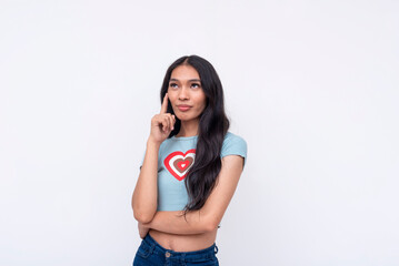 A smart young Filipino trans woman thinking or visualizing her plans. Whole body photo isolated on a white background.