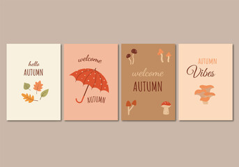 Hello autumn greeting cards set. Autumn quotes like Stay Warm, Happy Autumn, Sweater Weather, Welcome Autumn cards.Vector illustration cartoon flat style.