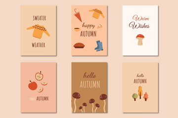 Hello autumn greeting cards set. Autumn quotes like Stay Warm, Happy Autumn, Sweater Weather, Welcome Autumn cards.Vector illustration cartoon flat style.