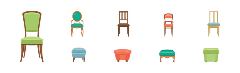 Seat Chair Furniture Item of Different Style and Color Vector Set