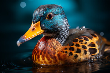 A duck with a green head and a red bill is swimming in a pond. Generative ai