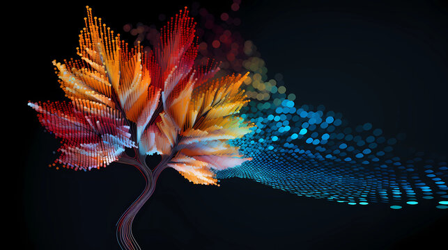 Autumn leaf drg free background, in the style of voxel art, black background, webcam photography, decorative floral motifs, motion blur panorama, vivid color blocks, pointillist dots and dashes


