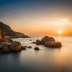 Very beautiful mediterranean seascape with setting sun on sunset. Waves crash on rocks in nature.AI generated