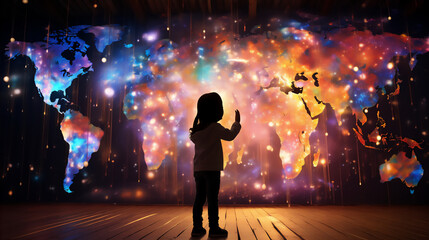 Fototapeta na wymiar a child standing in front vertical glowing world map hologram and touch it with finger, full body boy, super wide lens, futuristic light, hyper realistic, beautiful dreammy light, beautiful curve