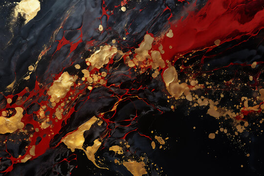 Abstract wavy background. Red and gold acrylic paint on a black background. Imitation marble.