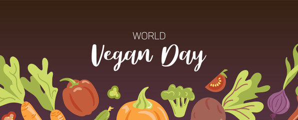 Vegan day. Horizontal banner with vegetables in cartoon style. Carrots, peppers, pumpkin, beets and onions. For advertising banner, website, poster, sale flyer