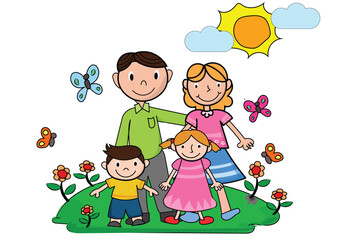 Big family. Father and mother with their children are standing.Happy parents with daughter and son.Cartoon, Relaxed People,Vector happy family and cartoon concept.