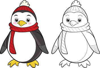 Penguin cartoon. Black and white lines. Coloring page for kids. Activity Book.