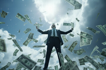 professional person with money falling around from the sky.