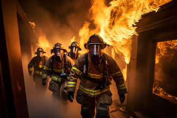 Fototapeta premium firefighters go through the fire in the house. generative ai.