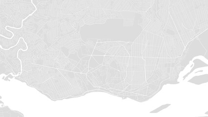 White and light grey Brazzaville city area, Republic of the Congo, vector background map, roads and water illustration. Widescreen proportion, digital flat design.