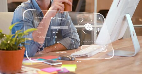 Animation of digital interface with data processing over caucasian businessman drinking coffee - Powered by Adobe