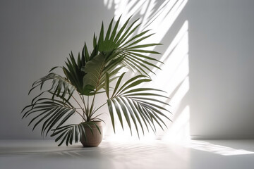 Palm leaves and shadows on white wall. Minimal abstract background.