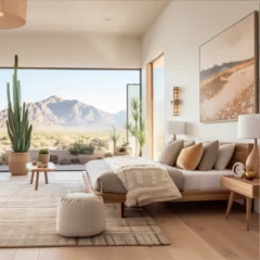 Papier Peint photo Arizona modern japanese style master bedroom, light color, warm tones, white walls, in arizona, with views of camelback mountain