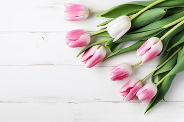 Pink tulips on wooden table. Spring background for Mothers Day. Generative ai.