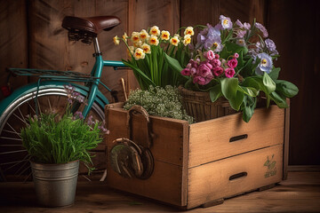 Still life of vintage style bicycle and flowers.