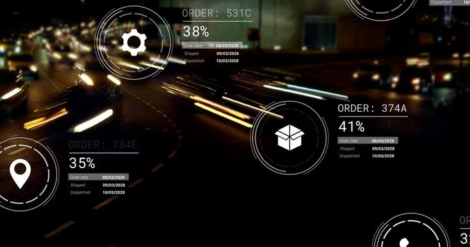 Animation of icons with data processing over street with cars