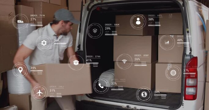 Animation of icons with data processing over caucasian delivery man packing boxes in car