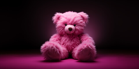 Fototapeta premium Süsser pink flauschiger Teddybär mit schönem Gesicht und farbigen Hintergrund Nahaufnahme als Druckvorlage für Banner, ai generativ