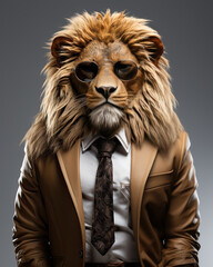 a smart lion wearing dark business suit - 640540749