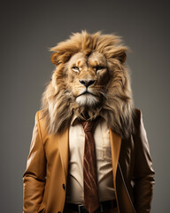 a smart lion wearing dark business suit - obrazy, fototapety, plakaty
