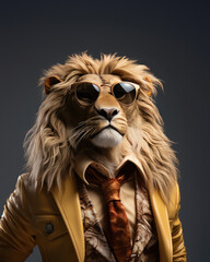 a smart lion wearing dark business suit - 640540948