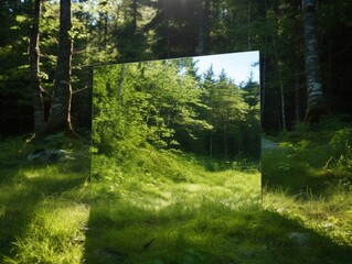 Reflection of a forest in a mirror, glass frame on a sunny day.