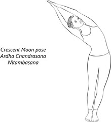 Sketch of young woman practicing yoga, doing Crescent Moon pose or Half Moon pose. Ardha Chandrasana or Nitambasana. Standing and Lateral Bend. Intermediate. Isolated vector illustration.